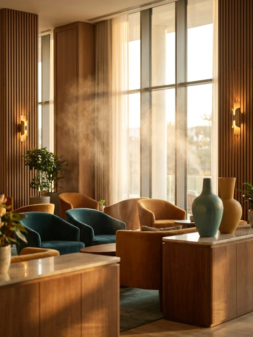 Elegante, warm beleuchtete Lobby als Sinnbild für eine stimmige Duftatmosphäre