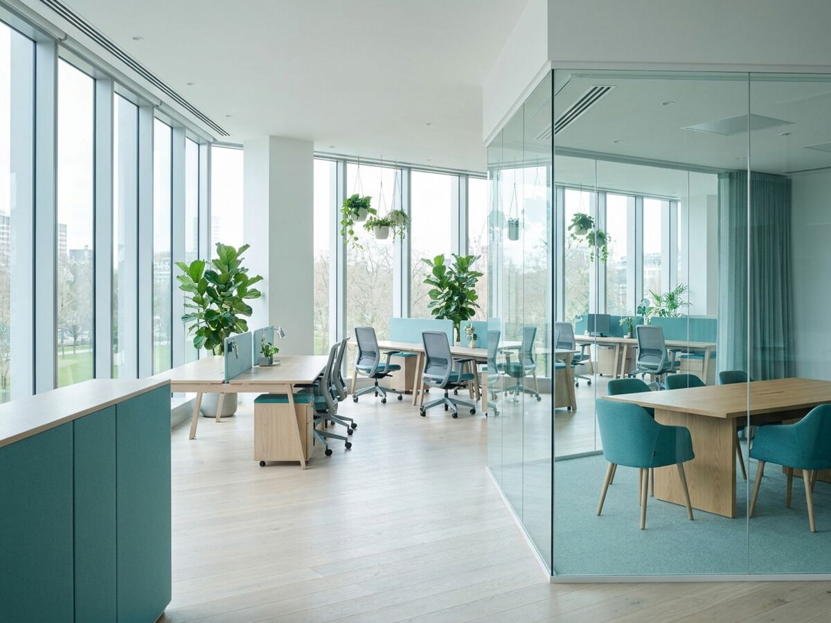 Helles, modernes Büro mit Besprechungsbereich und frischer Luft