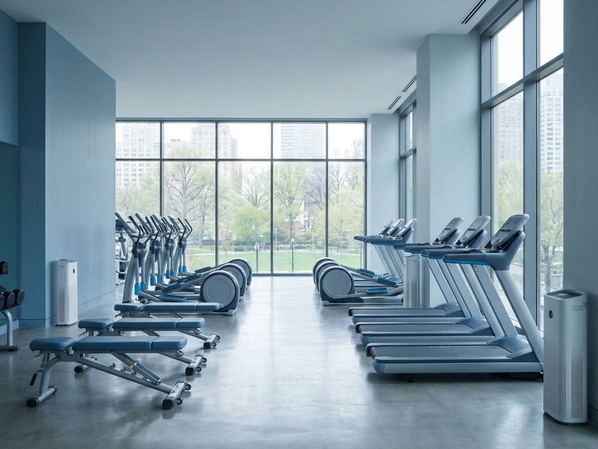 Modernes, luftiges Fitnessstudio mit frischer Atmosphäre