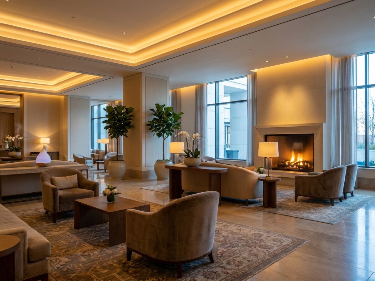 Stimmungsvolle Hotellobby mit einladender Duftatmosphäre