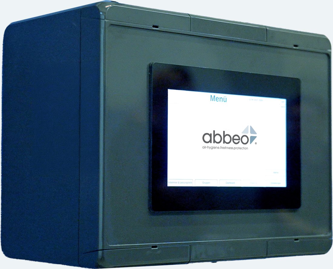 AQC26 Steuerung, freigestelltes Produktfoto mit Touch-Display und abbeo-Menü
