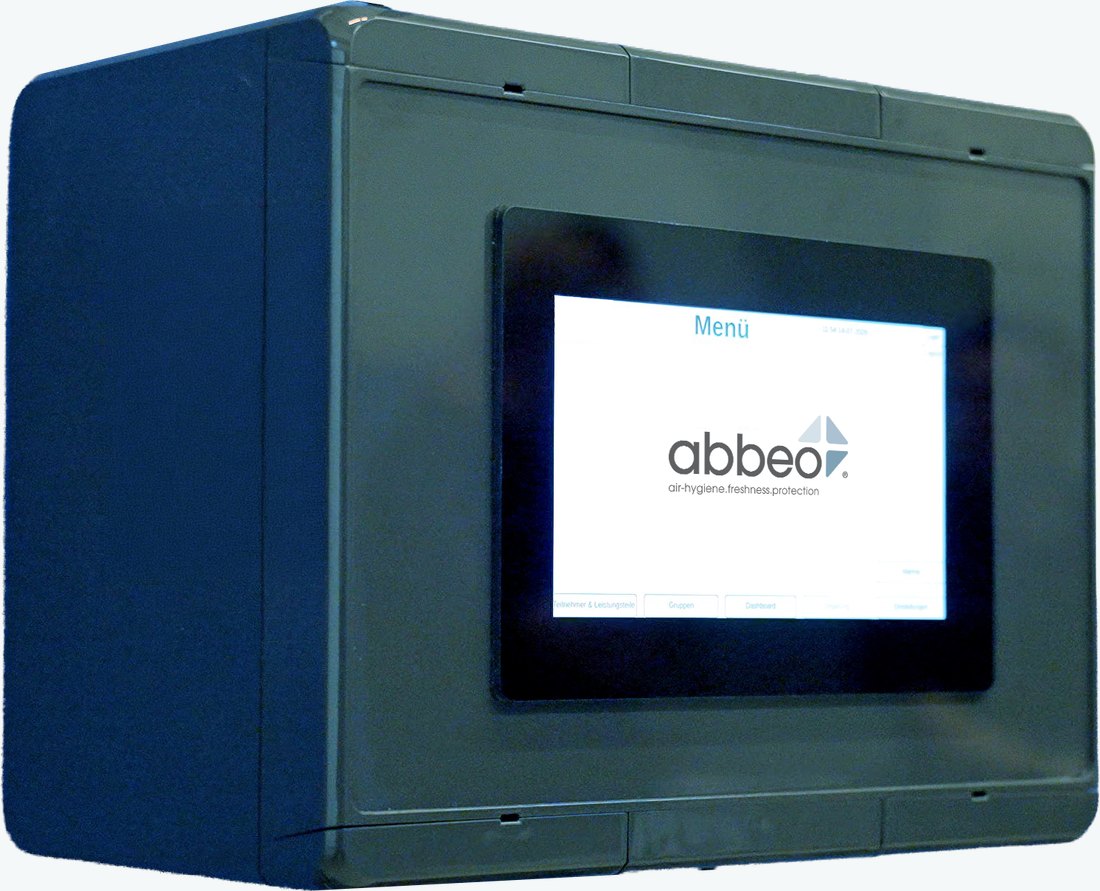 AQC26 Steuerung, freigestelltes Produktfoto mit Touch-Display und abbeo-Menü