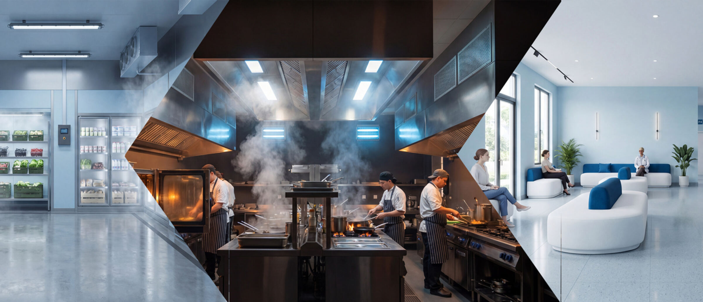 AeroTec2 in gewerblicher Umgebung, Collage aus Kühlraum, Gastronomie und Empfang