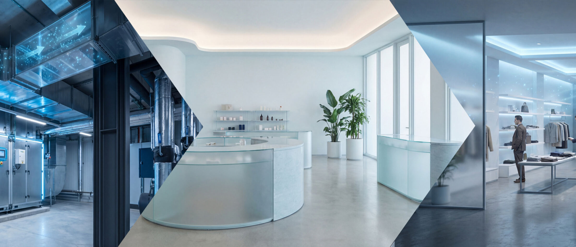 AeroTron in moderner Gebäudeumgebung, Collage aus Lobby und Technikbereichen