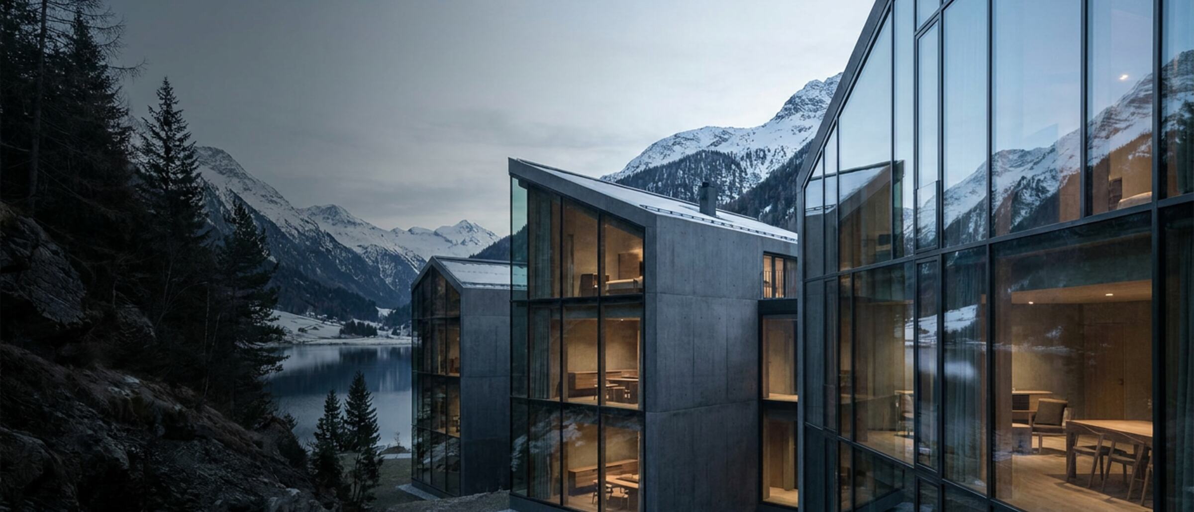 Moderne Schweizer Architektur am See mit klarer Bergluft