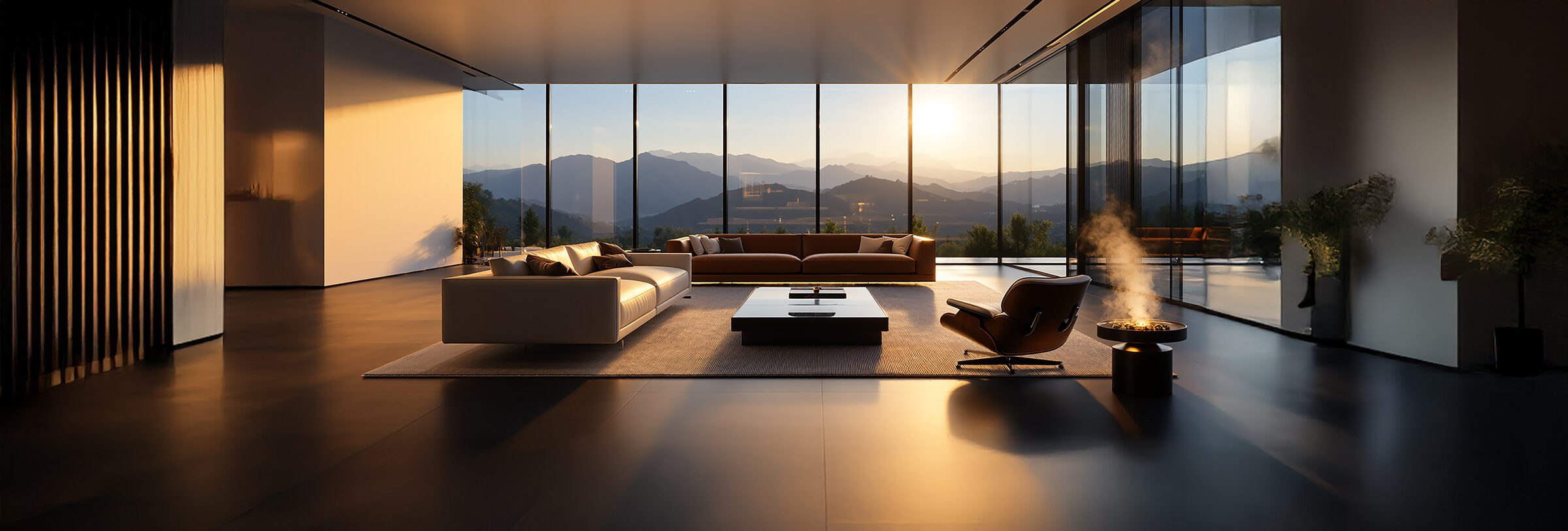 Wohnraum im warmen Abendlicht mit Bergblick