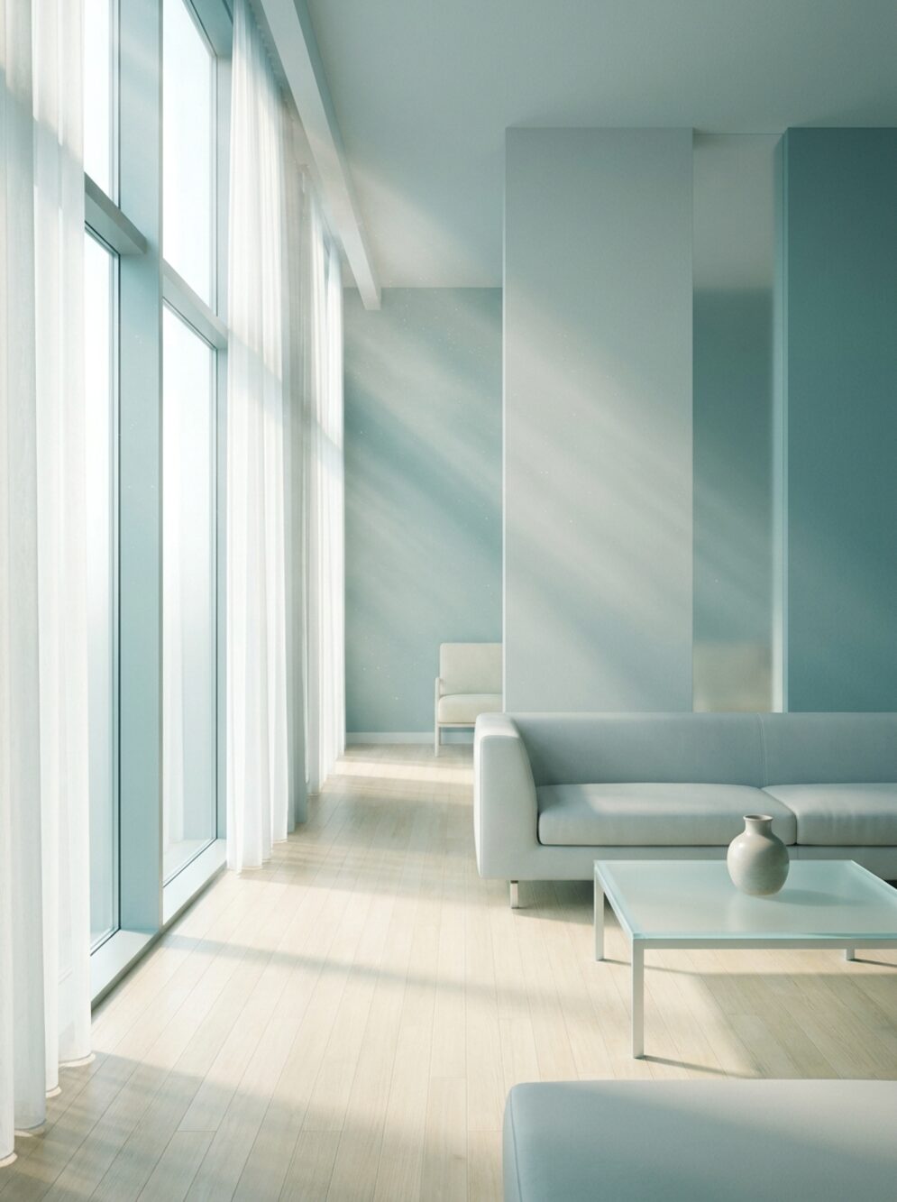 Heller, luftiger Raum mit weichem Licht als Sinnbild für spürbar reine Luft